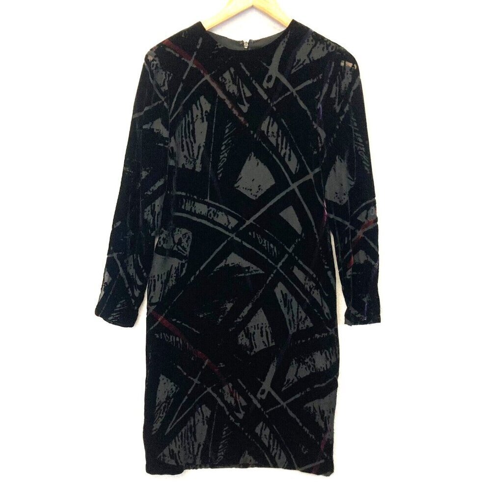 Linda Allard Ellen Tracy Velvet Burnout Dress‎ Size 4 Silk Black Art Long Sleeve